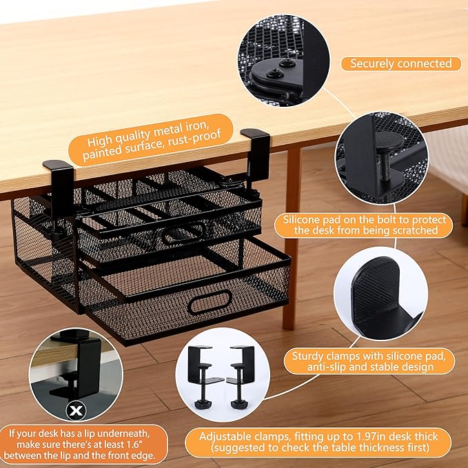 Sliding Under Desk Drawer Organizer No Drilling 2 Drawers Slide Out Desktop Or Under Table Storage Metal Clamp On Desk Drawer Attachment Anti-Slip Under Desk Organizer for Home & Office