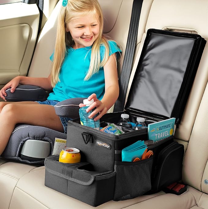 High Road CarHop Car Caddy Organizer with Road Trip Cooler, Car Cup Holder Bin, Sturdy Snack and Play Lid and 6 Organization and Storage Pockets, Black