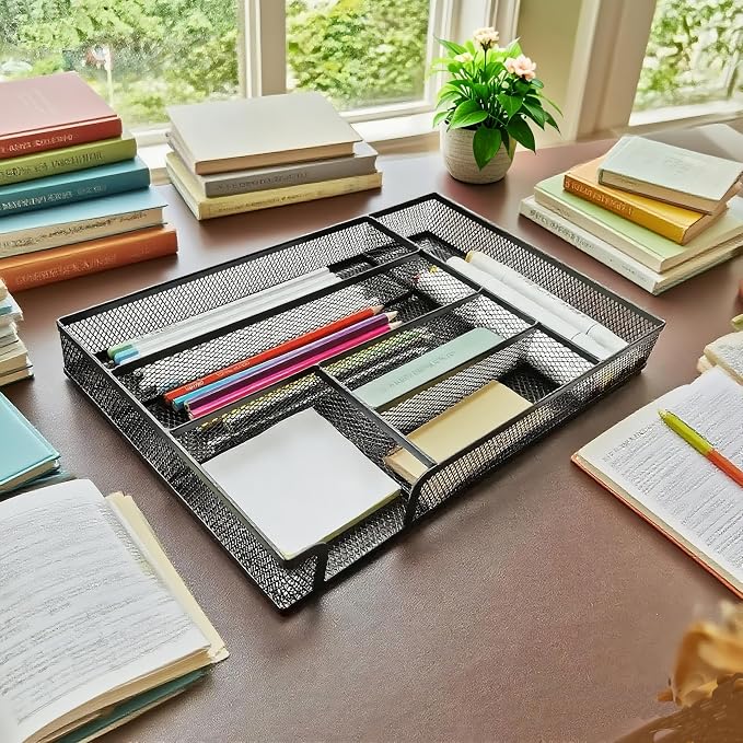 Desk Drawer Organizer Metal Mesh Drawer Organizer Tray for Office School or Home Supplies Desktop Storage Stationery，6 Compartments, 12.6 x 8.27 x 1.57 inch，Black (1pc pack)
