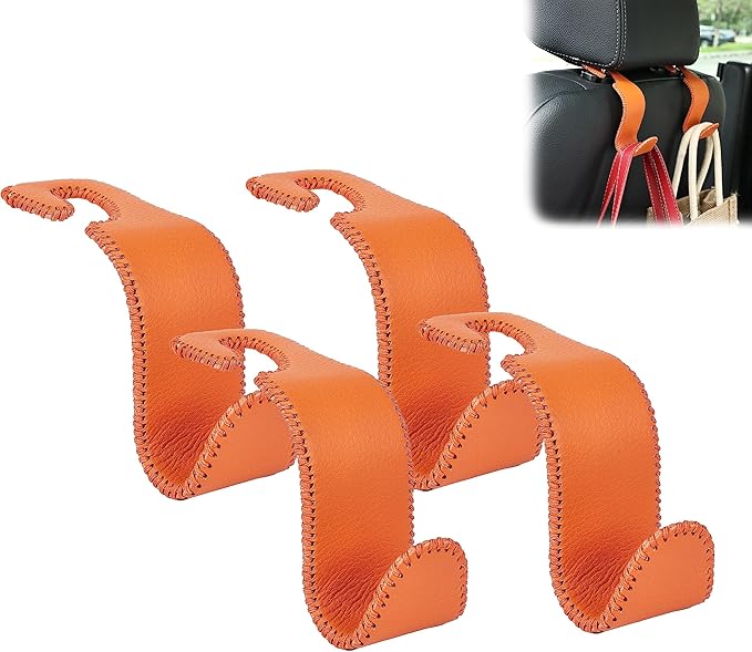 Amooca Car Seat Headrest Hook Universal Vehicle Storage Hanger Leather with Metal Car Seat Back Organizer for Handbag Purse Coat Orange 4 Pack