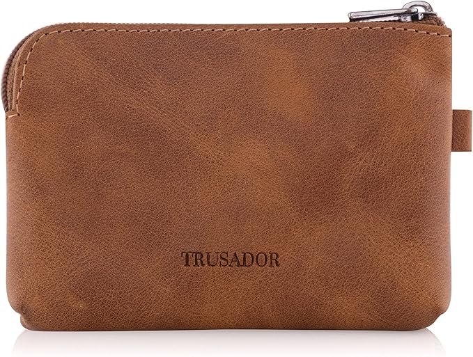 Trusador Milano Unisex Leather Front Pocket Wallet Coin Purse Zipper Pouch with Keychain (Cognac)