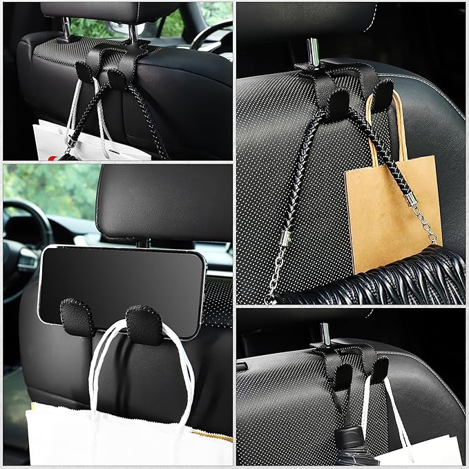 LivTee Upgraded Superior Leather Car Seat Back Headrest Hook, 2 in 1 Auto Seat Hook Hangers Holder Organization Interior Accessories for Purses Coats Umbrellas Grocery Bags Handbag (Black)
