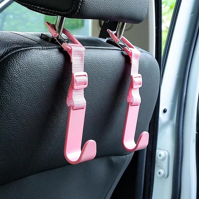 Amooca Car Headrest Hooks 4 Pack Adjustable Universal Fit Auto Seat Back Organizer Storage Hanger Purse Bags Holder with Clip Pink