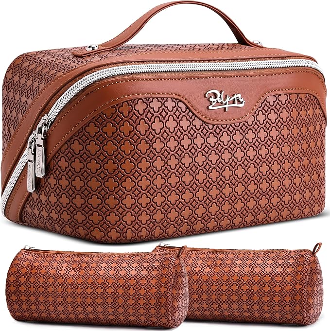 BOYATU Travel Makeup Bag for Women: Four Leaf Clover Large Capacity 3 Pcs Set Cosmetic Bags - Waterproof 50% Extra Space for Toiletry Organizer - Travel Essentials for Fortunate (10 Red Brown)