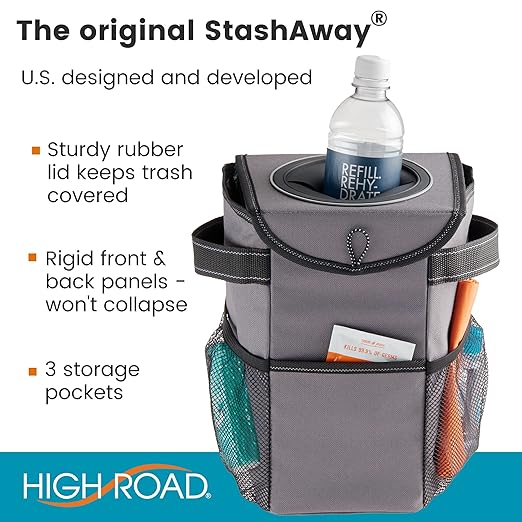High Road StashAway Heavy Duty Car Trash Can with Rubber Lid, 3 Storage Pockets and Sturdy Panels for Stable Floor or Hanging Seatback Use (Gray)