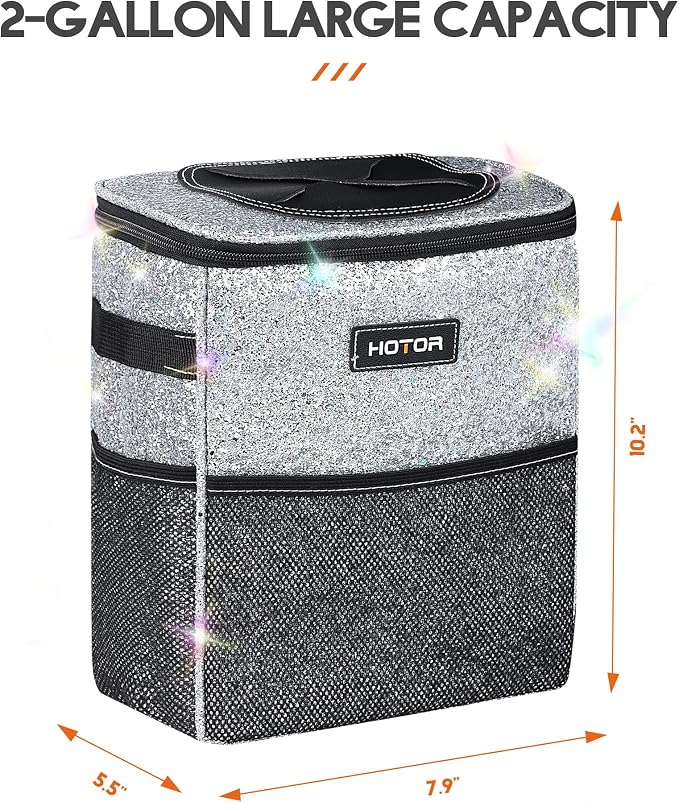 HOTOR Car Trash Can with Lid and Storage Pockets - 100% Leak-Proof Organizer, Waterproof Garbage Can, Multipurpose Trash Bin for Car, 2 Gallons, Sparkle White