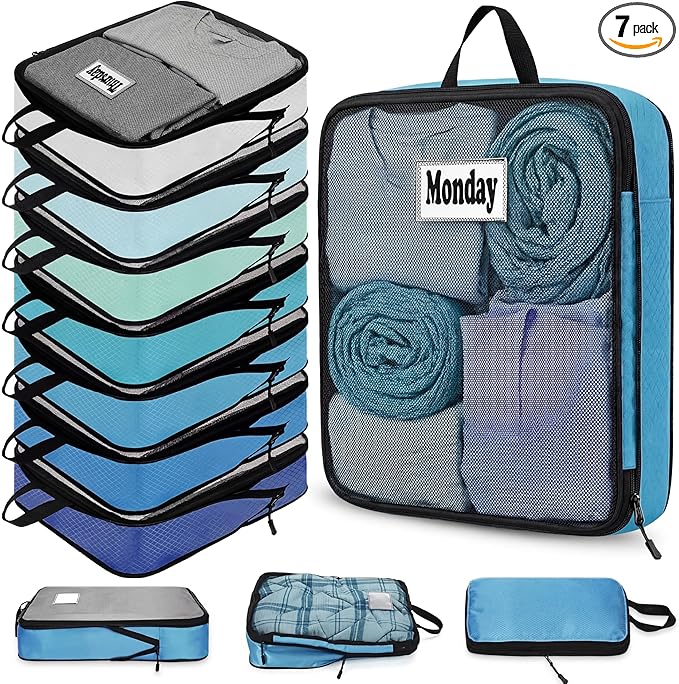 7 Pcs Packing Cubes for Travel Days of Week Compression Packing Cube with Labels Organizers Luggage Storage Bag(Blue,Large)