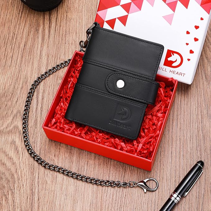 bill heart Chain Wallets for Men, RFID Blocking Genuine Leather Wallets with Anti-Theft Chain