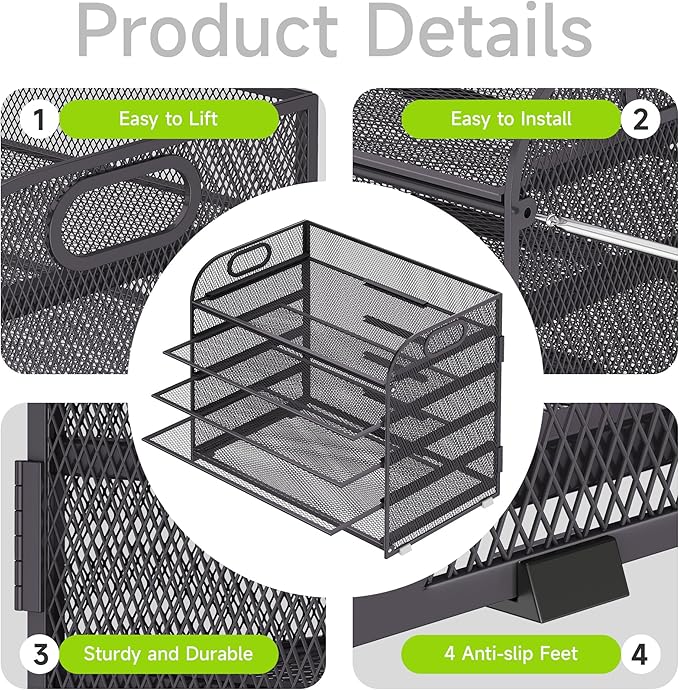 Cawukege 5 Tier Paper Organizer with Handle, Grey Metal Mesh Desk Organizer File Folder Paper Letter Tray Desktop Document Sorter for Classroom, School, Office Accessories Organization and Storage