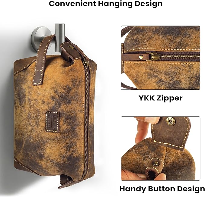 LEATHER VILLAGE Genuine Leather Dopp Kit for Men & Women – Travel Vintage Toiletry Bag with Waterproof Lining, Shaving & Bathroom Essentials Organizer - Distressed Brown