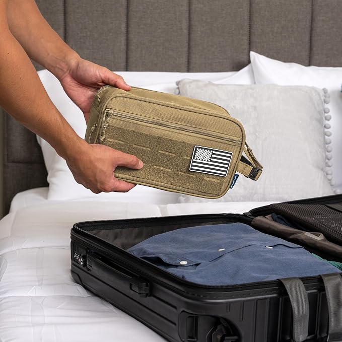PAVILIA Tactical Toiletry Bag for Men, Water Resistant Molle Military Dopp Kit, Travel Hygiene Organizer with Wet Dry Storage for Shaving, Grooming, Gym and Camping, Tan