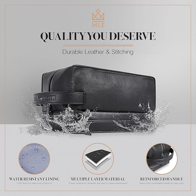 MAKE LIFE EXCLUSIVE Mens Leather Toiletry Bag – Travel Dopp Kit, Shaving Bag, Grooming & Hygiene Organizer, Leather Toiletry Bag for Men, Gift for Him