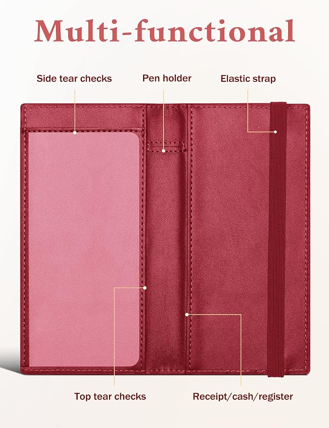 Zreal Checkbook Cover for Women, Premium Vegan Leather Checkbook Holder for Top & Side Tear Duplicate Checks with RFID Blocking (Dark Red)