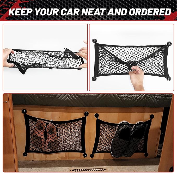 RED WOLF Universal Cargo Net Pocket Elastic Netting Car Mesh Pouch for Trunk RV Boats Home Cargo Storage with Screws and Hooks (21.7'' x 9.8'')