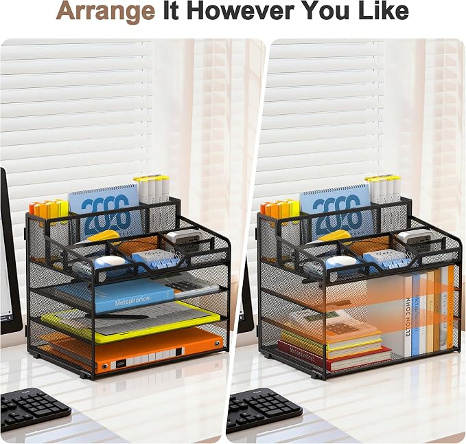 Docnest 4 Tier Mesh Desk Organizer, Multi-Functional Paper Letter Tray with 5 Adjustable Compartments & 3 Pen Holders - Space-Saving Desktop Storage for Office Files, Mail, Stationery - Black
