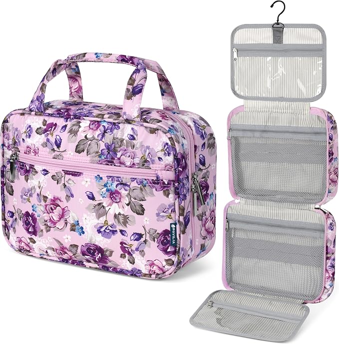 PAVILIA Hanging Toiletry Bag for Women, Large Foldable Travel Toiletry Organizer with Hook, Water Resistant Makeup & Cosmetic Case for Toiletries Skincare Shampoo, Dopp Kit Travel Bag (Purple Floral)
