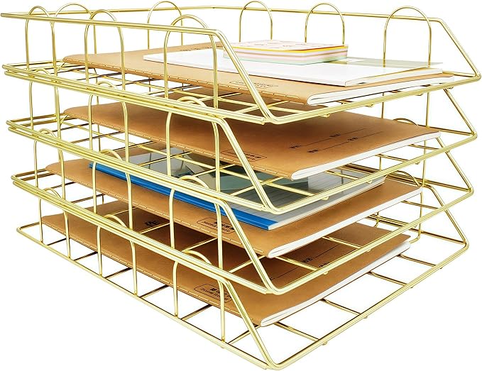 JIARI 4 Pack Desk Organizer Stackable Letter Tray Paper Organizer, Metal Desk Organizer Tray for Letter/A4 Paper Storage, for Office Supplies (Gold 4 Pack)