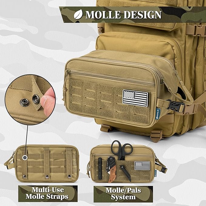 PAVILIA Tactical Toiletry Bag for Men, Water Resistant Molle Military Dopp Kit, Travel Hygiene Organizer with Wet Dry Storage for Shaving, Grooming, Gym and Camping, Tan XL