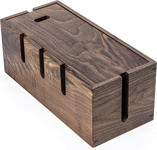 Elitzia Wood Cable Tidy Box Large Desk Cable Management Box Cord Wire Organiser for Hiding Messy Cables Wire Management Natural Walnut Wood Cables Storage Tidy Boxs for Home Salon SPA Office ETCHER02
