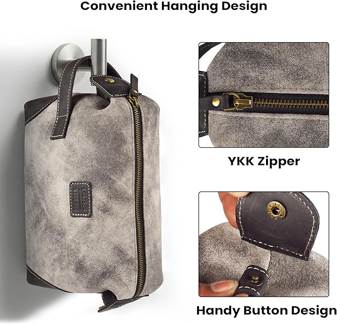LEATHER VILLAGE Genuine Leather Dopp Kit for Men & Women – Travel Vintage Toiletry Bag with Waterproof Lining, Shaving & Bathroom Essentials Organizer - Distressed Grey