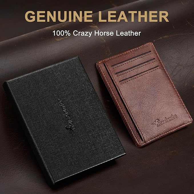 Travelambo 100% Genuine Leather Wallet for Men and Women, Slim Minimalist RFID Blocking Front Pocket Credit Card Holder with Gift Box(Brick Brown)