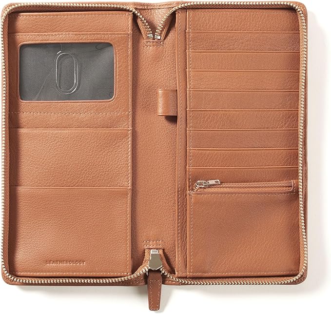 Leatherology Cognac Full Grain Leather Zip Around Travel Wallet – RFID Passport Organizer for Cards, Cash & Travel Documents