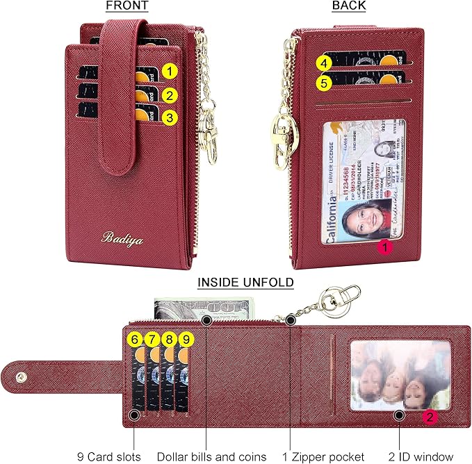 Badiya Slim Women Wallet RFID Blocking Bifold Compact 9 Card Slots Holder Wallets Soft Leather with Zipper Coin Pocket 2 ID Window
