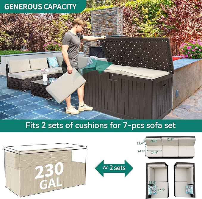 YITAHOME 230 Gallon Double-Wall Deck Box with Divider & Side Handles, Outdoor Large Storage for Patio Furniture Cushions, Garden Pool Accessories, Water Resistant & Lockable