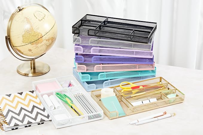 Annova Desk Drawer Organizer Tray for Office Organization - Metal Mesh - Storage Tray with Dividers for Pens, Desktop Accessories, Bathroom, Kitchen, Makeup and Office Supplies (Small, White)