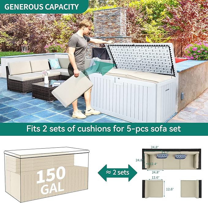 YITAHOME 150 Gallon Double-Wall Deck Box with Side Handles, Outdoor Large Storage for Patio Furniture Cushions, Garden Pool Accessories, Water Resistant & Lockable