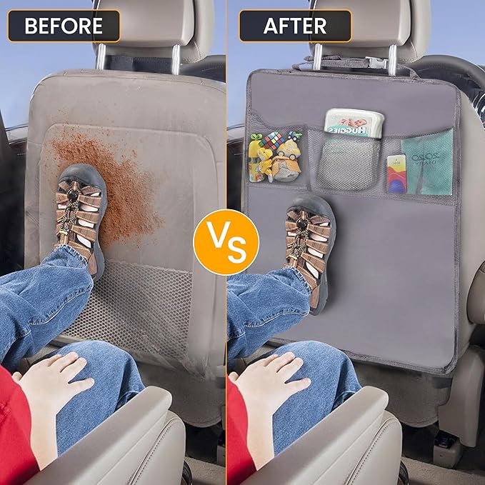 EcoNour 2-Pack Back of Seat Protector for Kids Feet | Grey Oxford Fabric Car Kick Mats with 2 Pocket Organizer | Seat Protector for Vehicles from Dirt, Mud & Scratches | Car Accessories