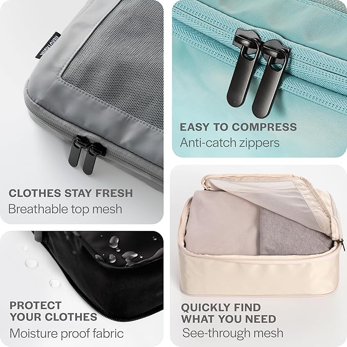 Aerotrunk Compression Packing Cubes for Travel - Luggage Organizer Bags - Double Zipper Packing Cubes for Suitcases (12-Pack, Beige)