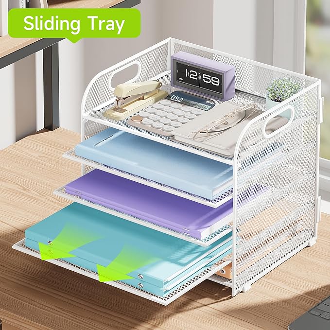 Cawukege 2 Pack 5 Tier Paper Organizer, Letter Tray with Handle, Mesh Desk Organizer, Metal File Organizer, Office Desk Accessories for Home, Office, Classroom, School -White