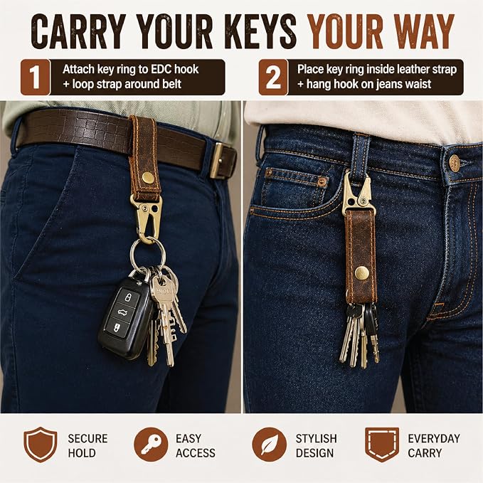 Genuine Leather Keychain with Belt Loop - Key Case Leather Tactical HK EDC Clip Fob Keychain Leathers Key Holder