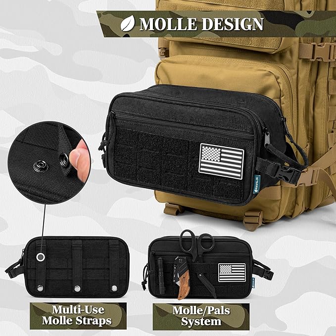 PAVILIA Tactical Toiletry Bag for Men, Water Resistant Molle Military Dopp Kit, Travel Hygiene Organizer with Wet Dry Storage for Shaving, Grooming, Gym and Camping, Black
