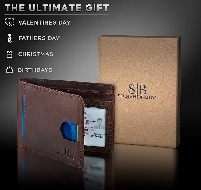 SERMAN BRANDS RFID Blocking Slim Bifold Genuine Leather Thin Minimalist Front Pocket Wallets for Men Billfold Wallet Men Gift