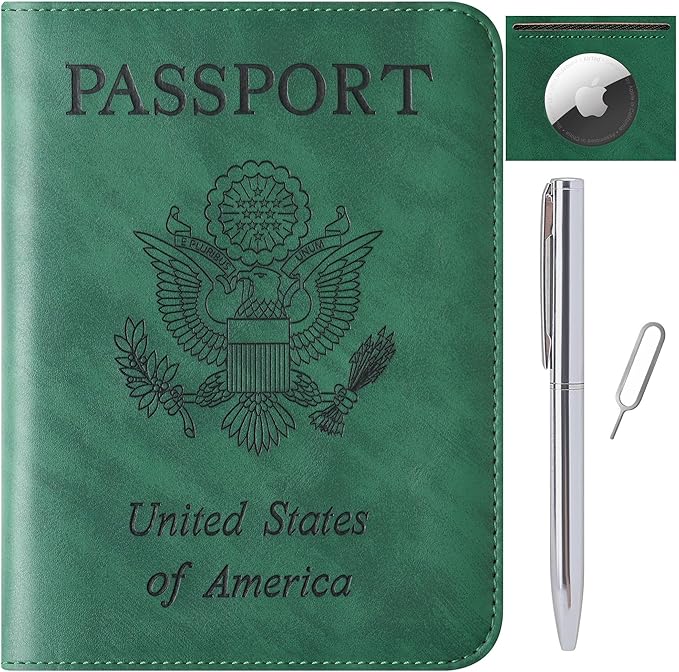 Airtag Passport Holder for Travel Essentials Wallet Rfid Blocking Cover Leather Case Vacation Travel Accessories for Women Men (601#Green)