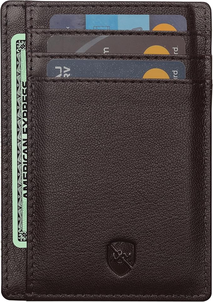 ALLEN & MATE 100% Genuine Leather Slim Minimalist wallet RFID Blocking Card Holder Wallets for Men & Women - Holds 7 Cards, ID & Cash with Gift Box (Brown)