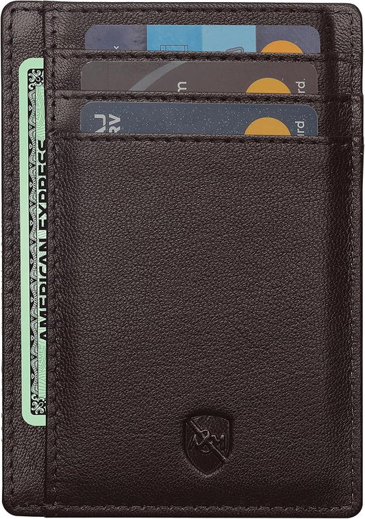 ALLEN & MATE 100% Genuine Leather Slim Minimalist wallet RFID Blocking Card Holder Wallets for Men & Women - Holds 7 Cards, ID & Cash with Gift Box (Brown)