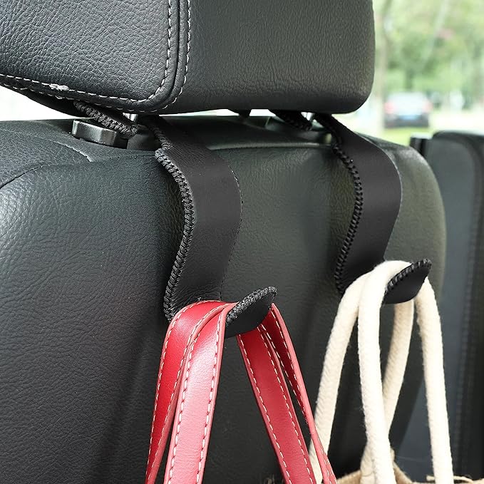 Amooca Car Seat Headrest Hook Universal Vehicle Storage Hanger Leather with Metal Car Seat Back Organizer for Handbag Purse Coat Black 4 Pack