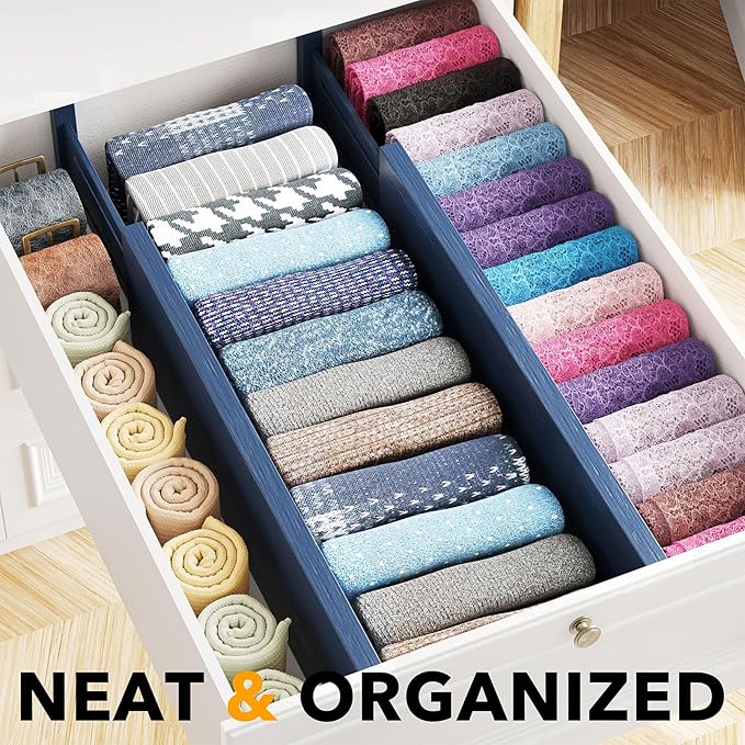 SpaceAid Bamboo 4 Pack Dresser Drawer Dividers, 4.65??High Adjustable 17??22??Drawer Organizers, Expandable Organization for Clothing, Clothes, Dressers, Navy Blue