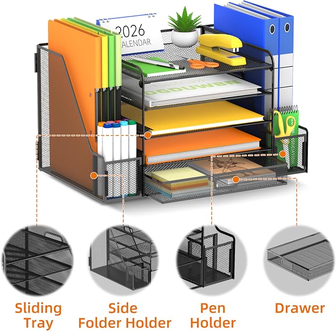 SUPEASY Mesh Desk Organizer with File Holder, 5-Tier Paper Letter Tray Organizer with Magazine Holder, Desktop Organizer and Storage with Drawer for Office Supplies Home or School (Black)