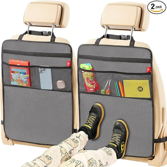 Helteko Back Seat Protector for Car, 2 Pack Premium Kick Mats for Kids, Extra Large Car Seat Cover for Backseat with Mesh Pockets, Waterproof Dirt & Mud Protection, Black