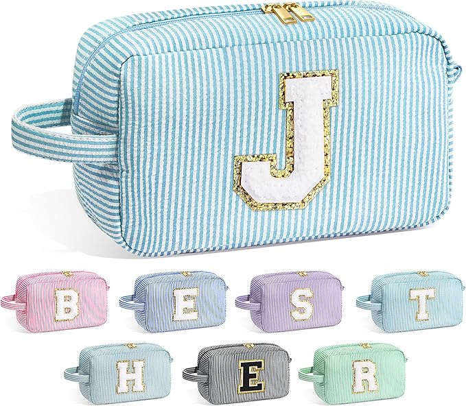 YOOLIFE Initial Makeup Bag for Women - Monogram Cute Makeup Bags Cosmetic Case Toiletry Pouch for Women Her Best Friend Sister Teacher, Personalized Birthday Gifts for Women, Light Blue J