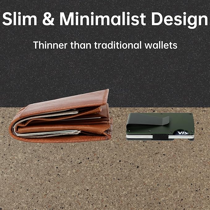 Slim Wallet for Men,RFID Blocking Minimalist Metal Wallet, Money Clip/Cash Holder, Front Pocket Aluminum Credit Card Holder, Ideal Gift for Men,Matte Green