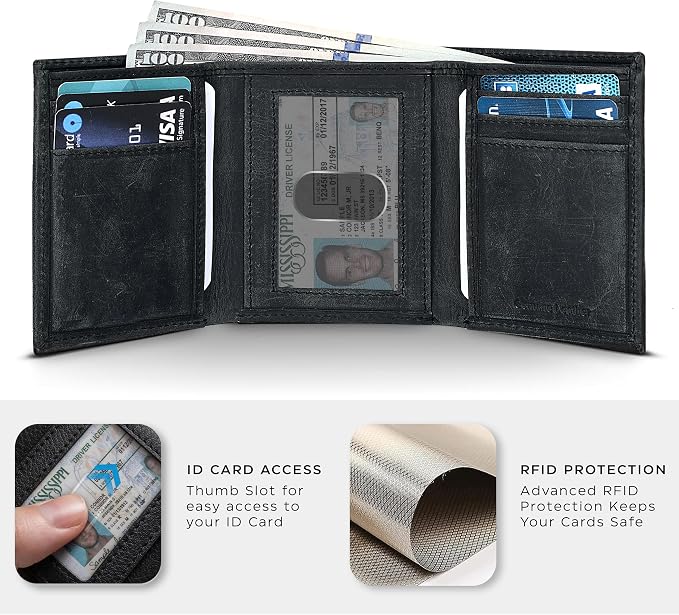 Tri fold Leather Wallet for Men with RFID | Slim Wallets for Men with 1 ID and 6 Credit card slots | Front Pocket Minimalist