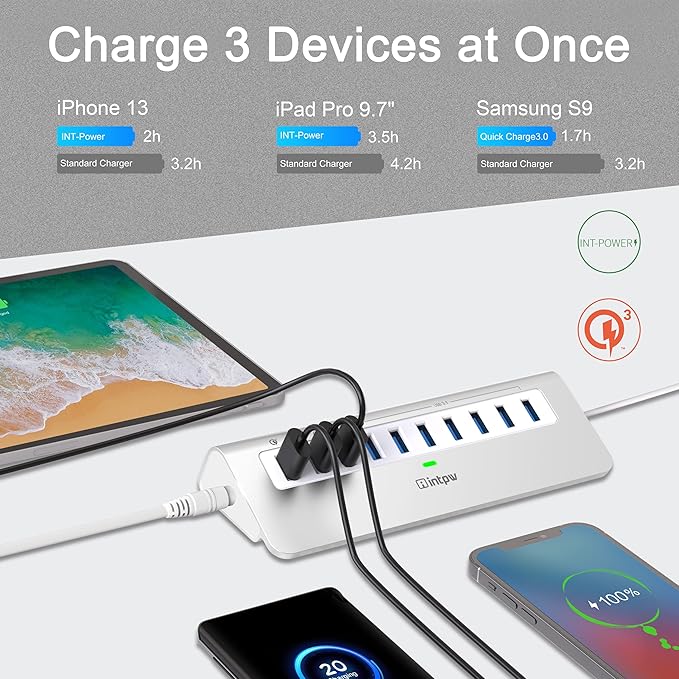 Powered USB Hub 10Gbps, 10 Port USB 3.2 Gen 2 Hub with 7 USB 3.2 Data Ports, 3 Fast Charging Ports, 36W Power Adapter, Type A and Type C Cable, Aluminum USB Data Hub for Mac, PC, Laptop