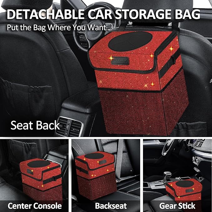 Car Trash Can, Cute Mini Trash Bag With Lid, Glitter Garbage Bin Hanging for Back/Front Seat/Console, Waterproof, Leakproof, 2.5 Gallon, Red Bling Sparkly