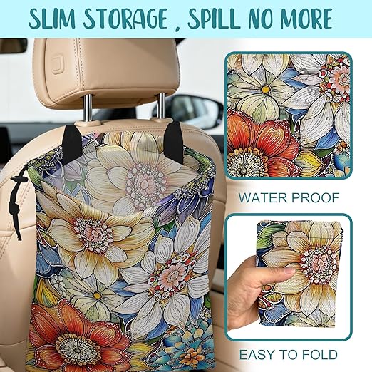 Car Garbage Bag Bright Yellow White and Blue Floral Hanging Canvas Car Trash Bag Drawstring Car Back Seat Organizer for Car Back Front Seat Console with Adjustable Buckle