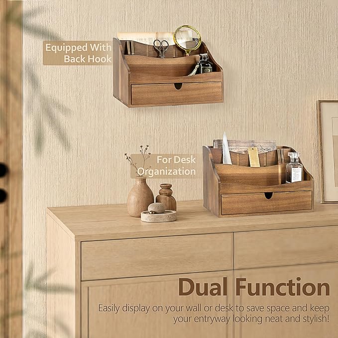 Rebee Vision Acacia Wood Mail Organizer for Desk - Farmhouse Countertop Mail Holder with Dividers - 4-Slot Letter Sorter for Office Accessories - Desktop Organizer for Home Decor (Acacia Wood)